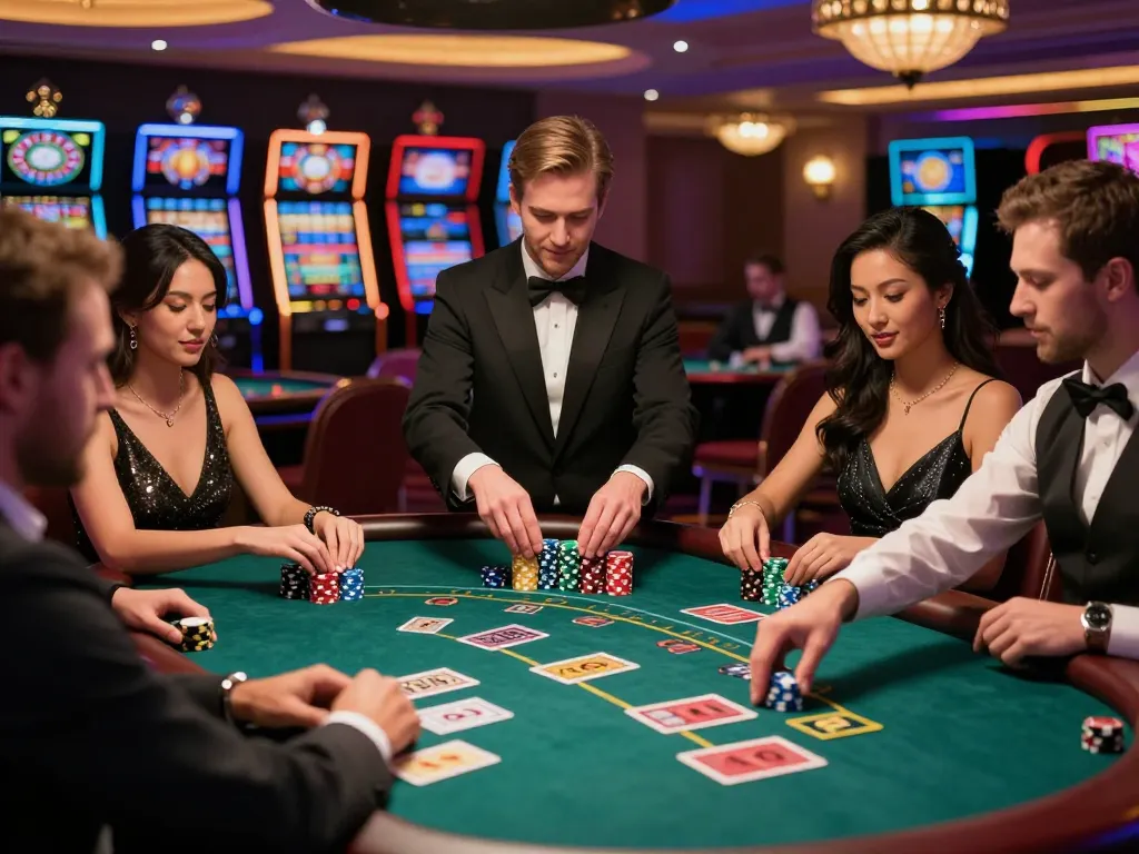 Placing bets at the high-stakes blackjack table 5679, glamorous players react to their cards