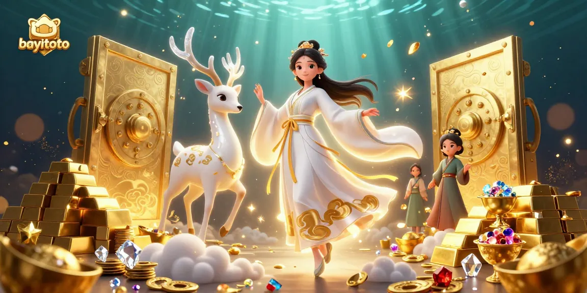 Play exciting games at bayitoto with a vibrant 3D casino illustration showcasing treasures and rich elements.