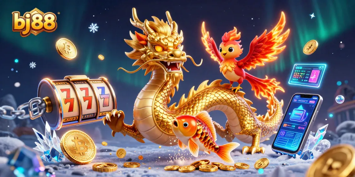 Experience thrilling gameplay with bj 88 in this dynamic 3D casino scene featuring a dragon and phoenix amidst slot reels and coins.