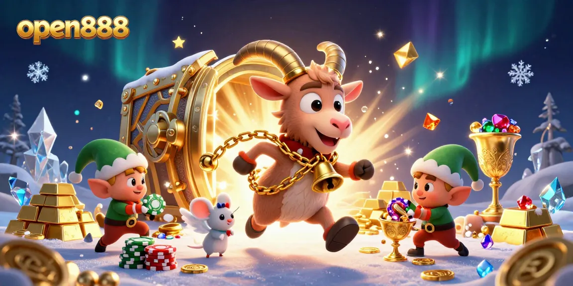 Experience the festive thrill at open888's holiday-horror casino, featuring a lively 3D scene.