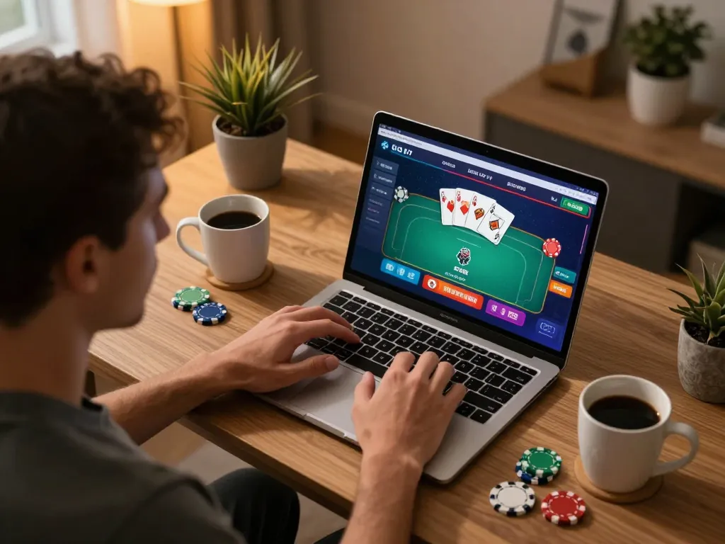 Player engaged in online poker game at home, showcasing 888 VI strategy and relaxed atmosphere.