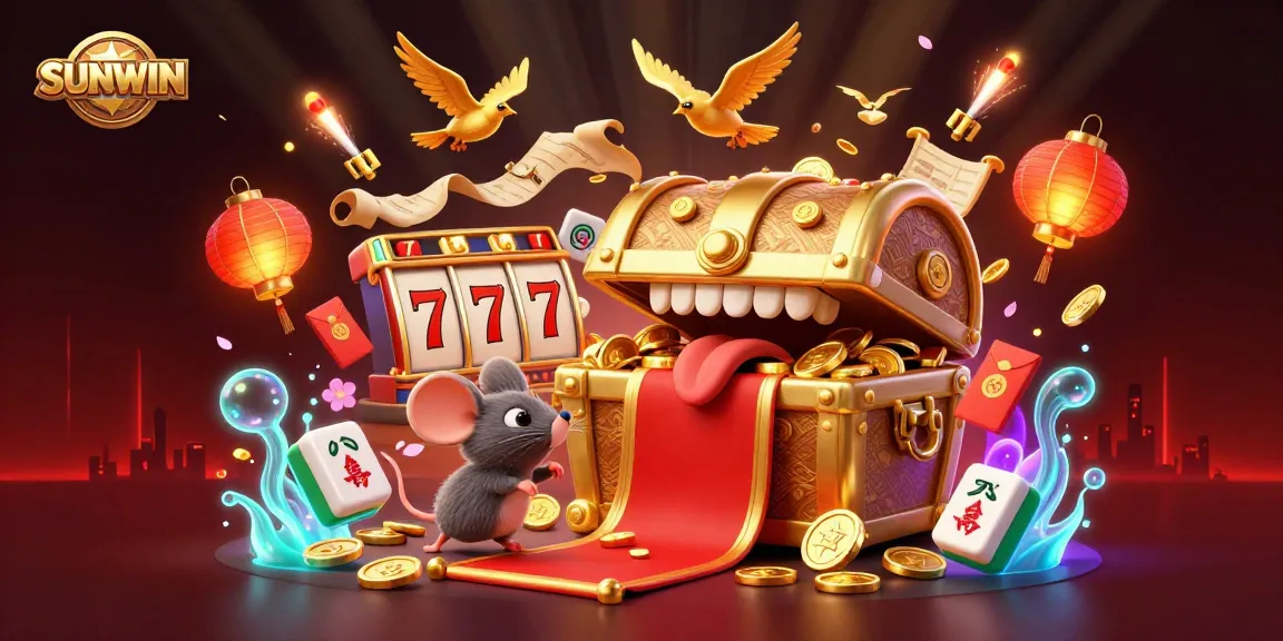 SUNWIN promotes winning strategies through an exciting 3D illustration of a treasure chest and casino elements.