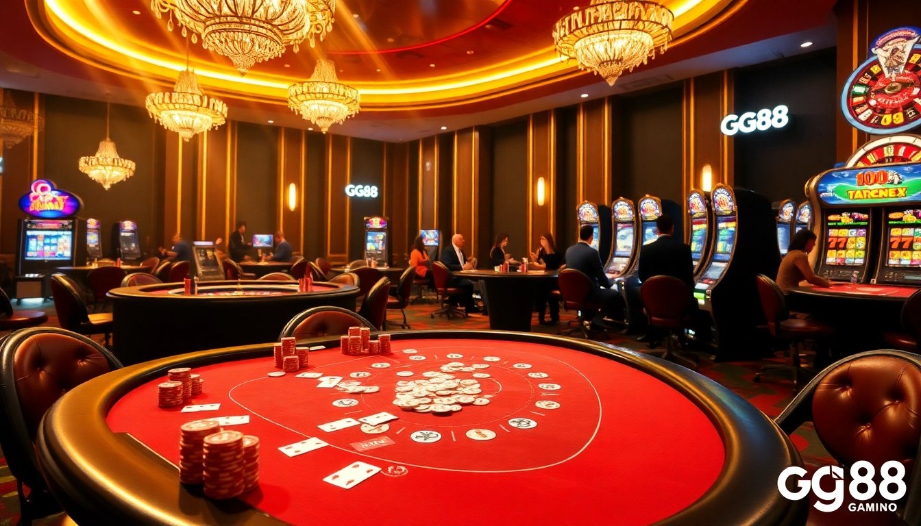 Players enjoying high-stakes games at a glamorous casino with gg88 branding prominently featured.