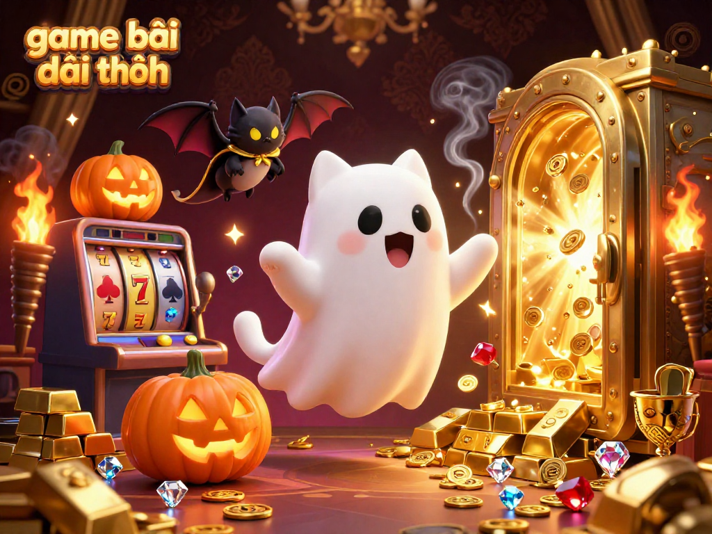 Experience the thrill of game bài đổi thưởng with a glowing ghost cat and vibrant casino elements.