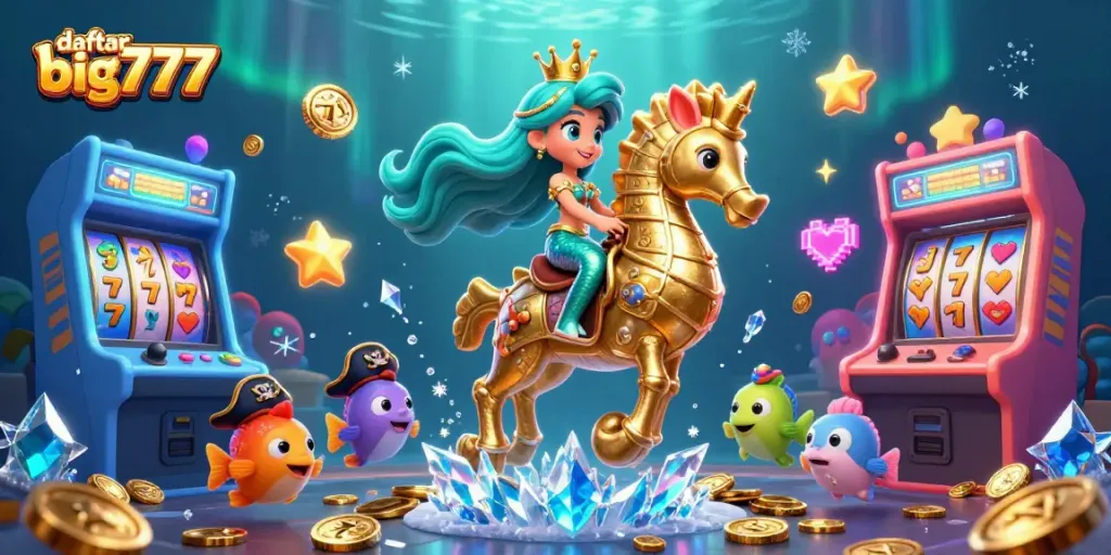 Spin and join the adventure with daftar big777 in this vibrant casino scene featuring mermaids and seahorses.