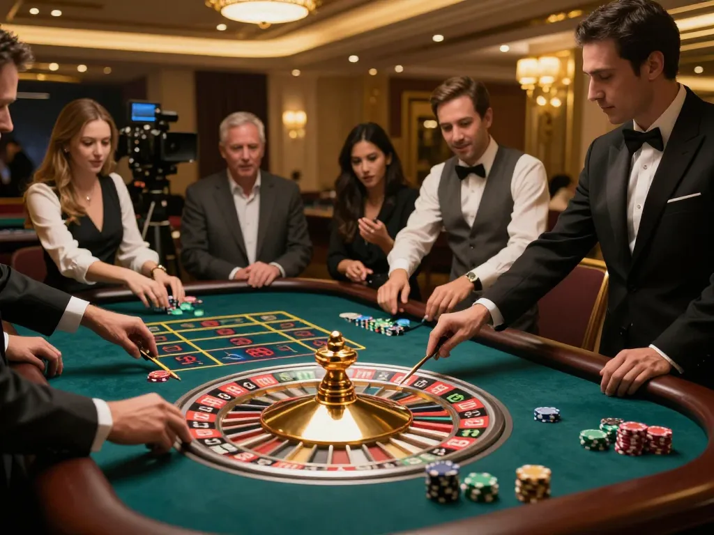 Engaging scene of players at a live roulette table in an elegant casino, showcasing the excitement of betting at ok8386.