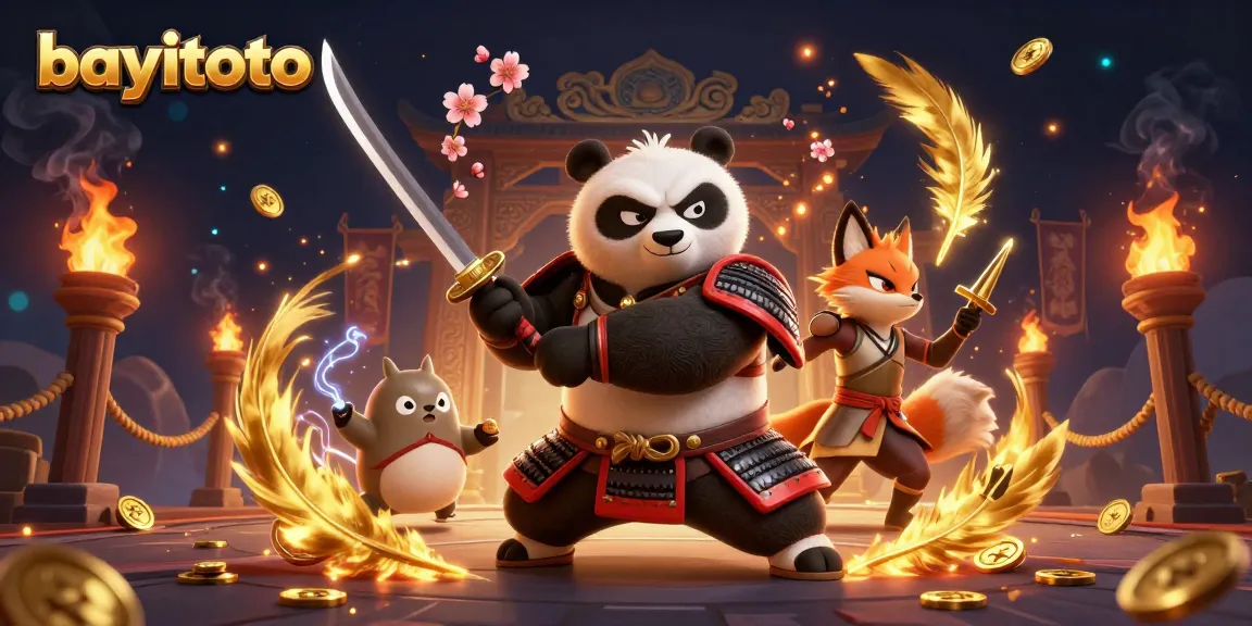 Engaging bayitoto action scene showcasing samurai panda, ninja fox, and spirit tanuki in a dynamic casino-themed battle
