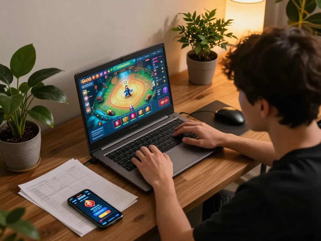 Player engaging with Go88 casino games on a modern laptop, showcasing immersive gaming experience.