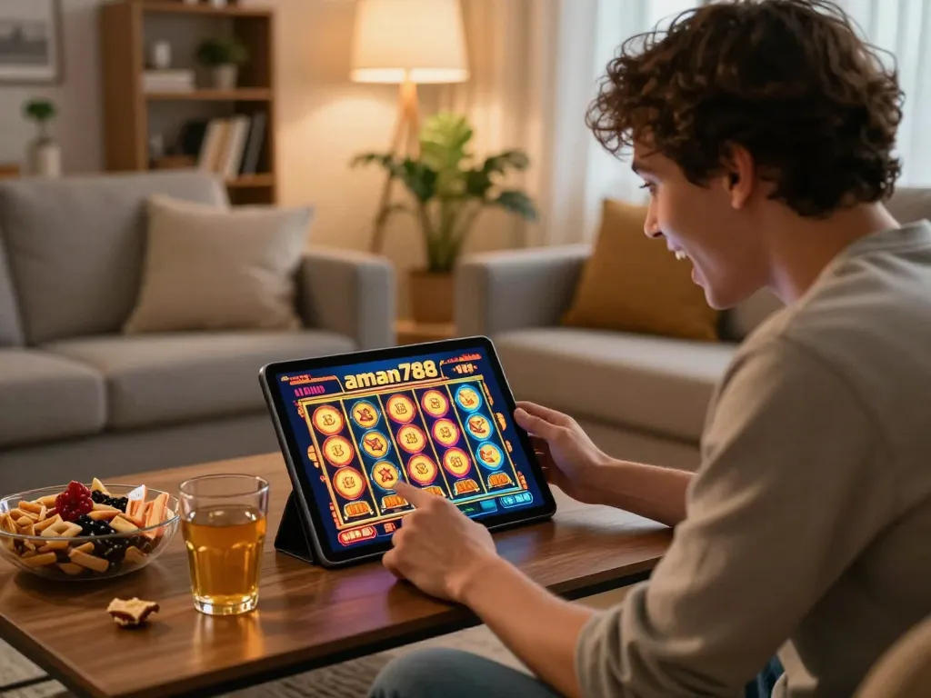 A person enjoying аn aman788 slot online game on a tablet in a cozy home setting, with joyful anticipation and snacks at hand.