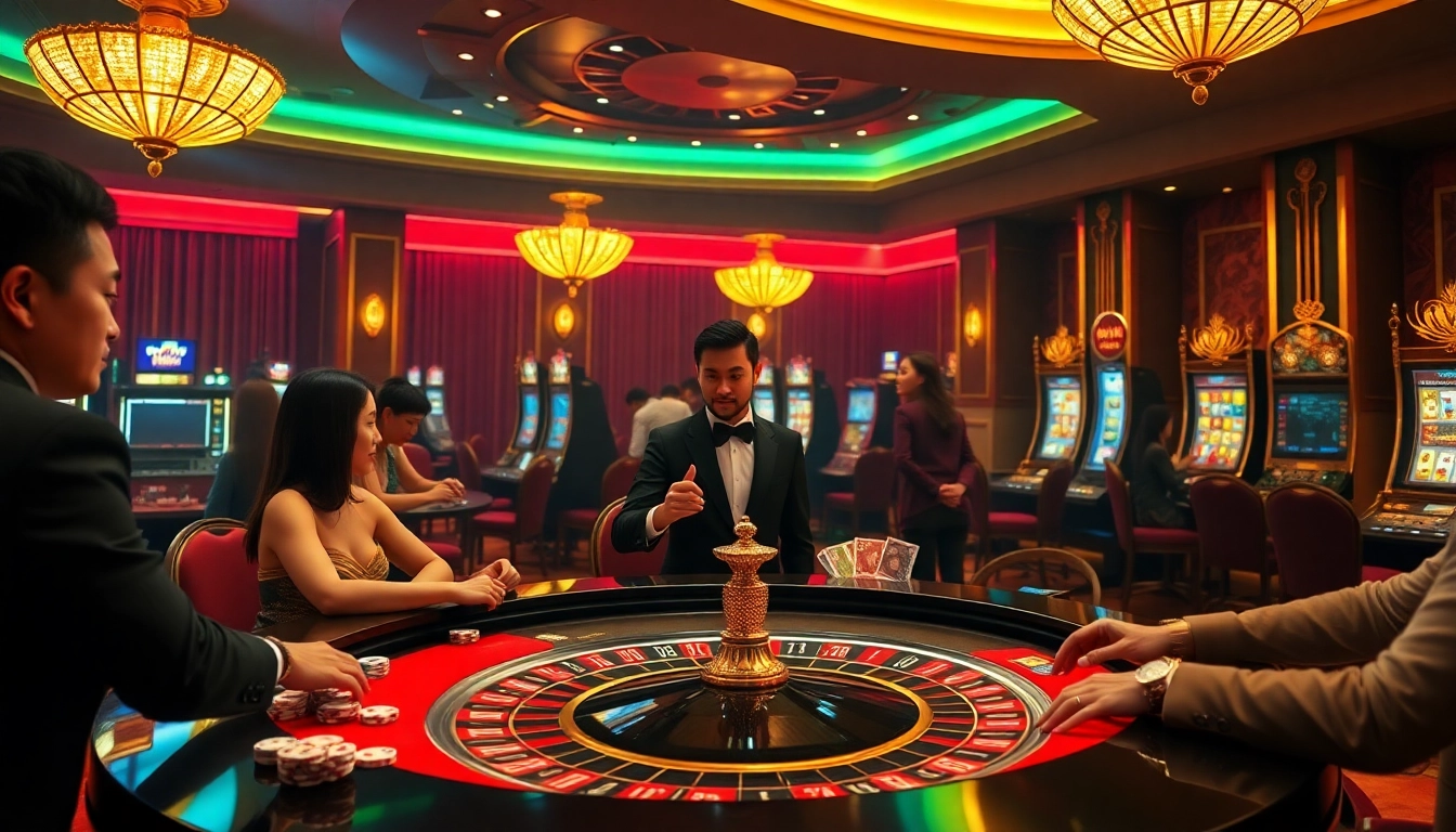 Experience the thrill of casino gaming at Xin88 with a vibrant roulette table and enthusiastic players.