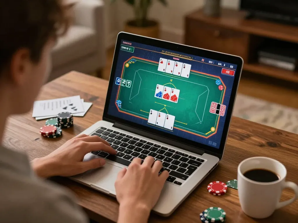 Player engaging with king33 poker game on laptop, cozy home setting enhances strategic atmosphere.