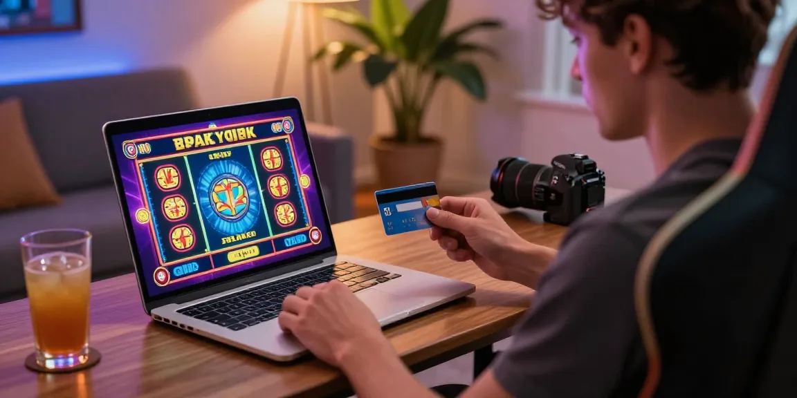 Exciting scene of a player at casinos that accept credit cards, enjoying online slots with a credit card in hand.