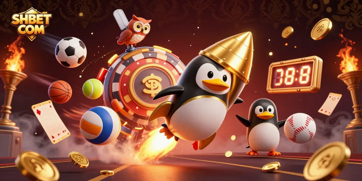 Experience thrilling gameplay with SHBET COM, featuring a dynamic golden penguin and casino elements.