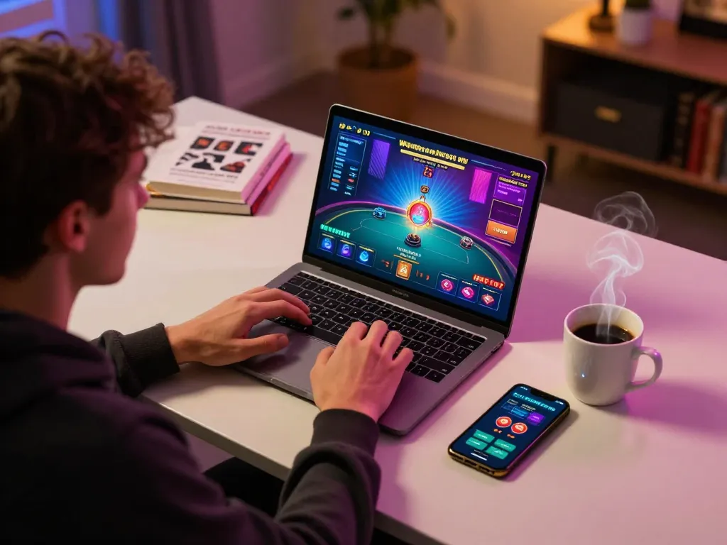 Engaged player using TR88 for online poker game in a cozy home setting.