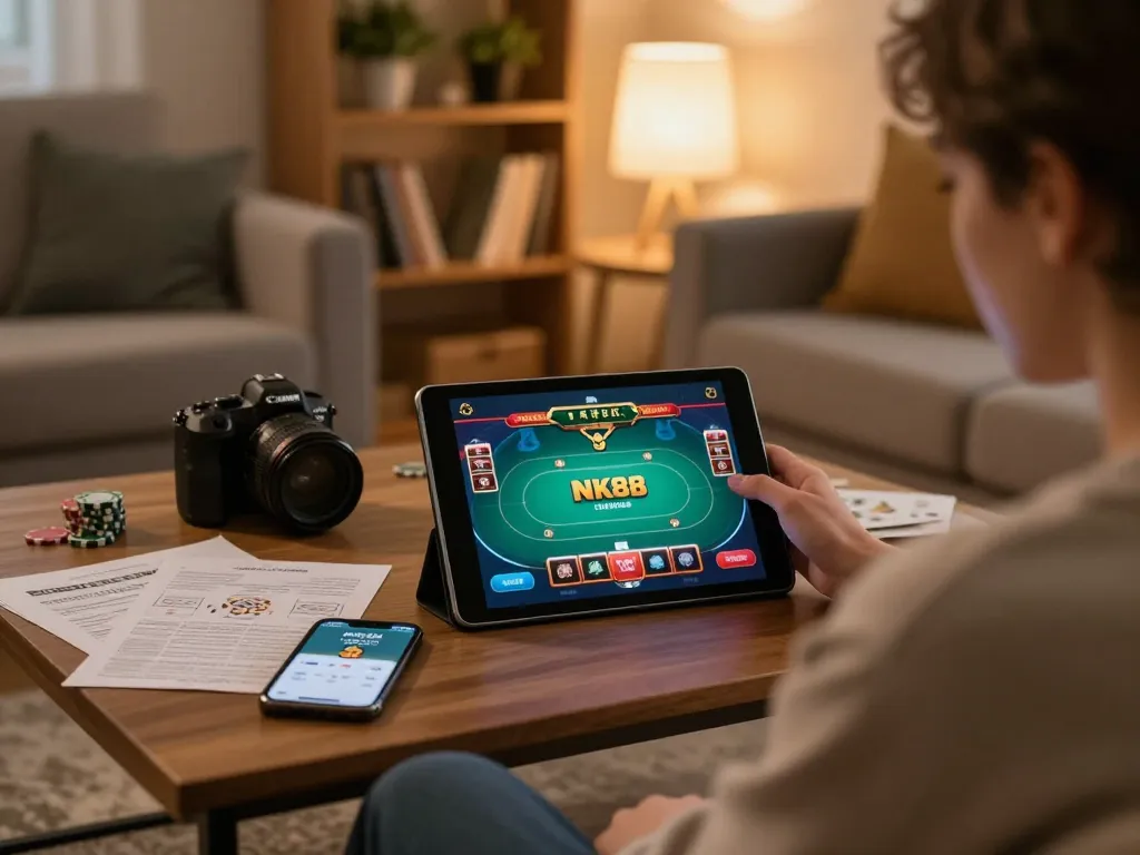 Engaging in online poker gaming with NK88 app on tablet in cozy home setting.