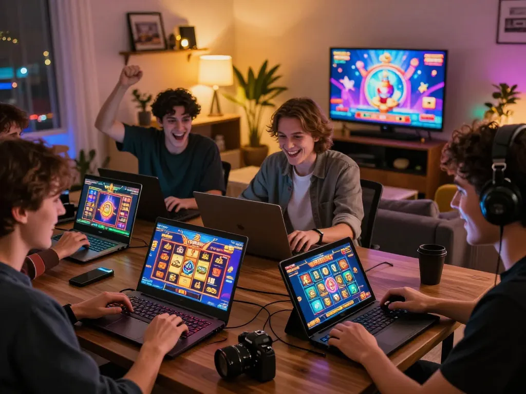 Excited players enjoying zeus138 online slots with vibrant game interfaces and cozy atmosphere.