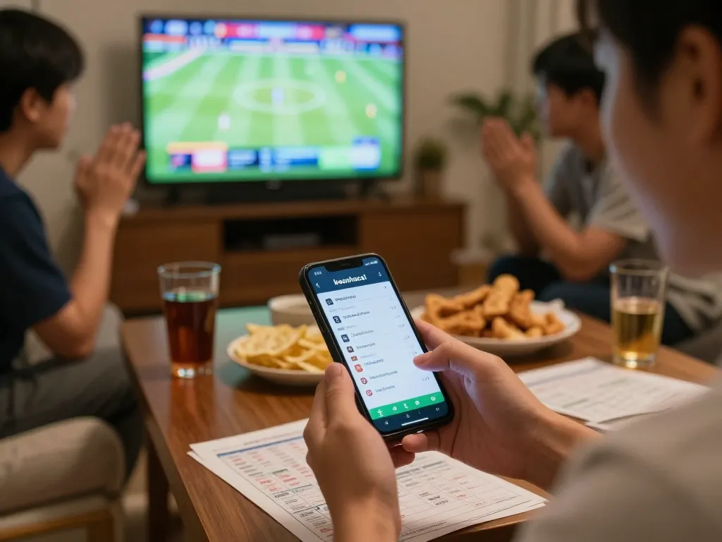 Person actively placing bets using keonhacai app during an exciting sports event at home