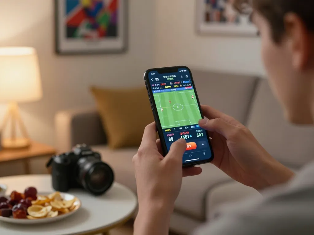 Person placing a bet on OKFUN during a live sports event in a cozy home setting.