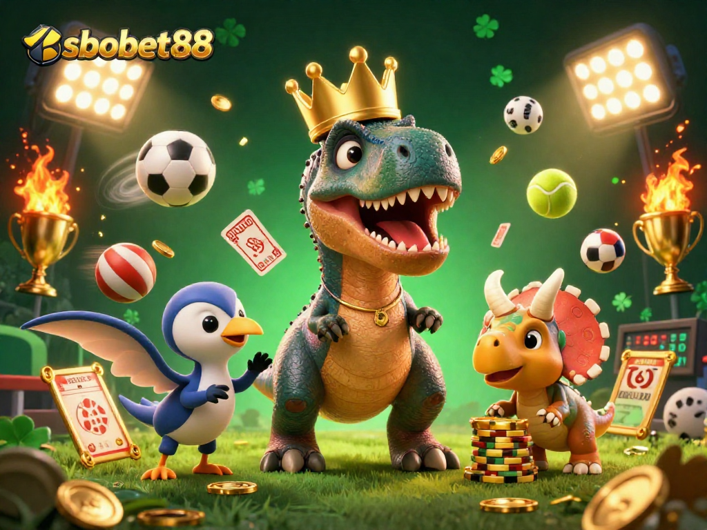 Experience sbobet88 sports betting fun with friendly cartoon dinosaurs and dynamic gaming elements.