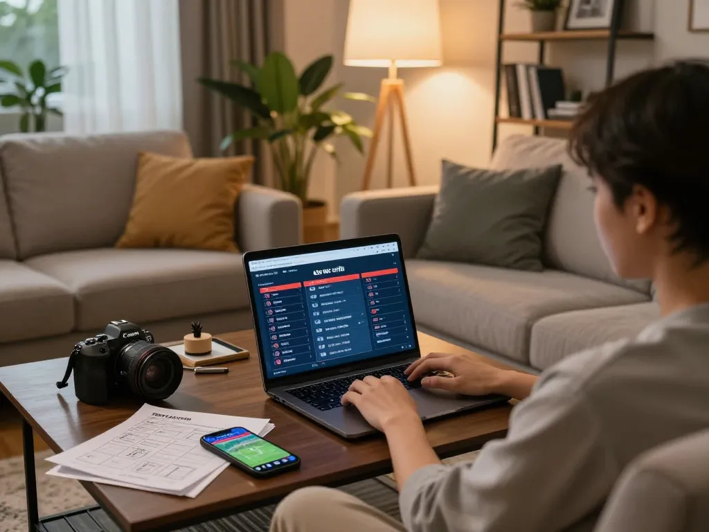Person analyzing KÈO TRỰC TUYẾN betting options on a laptop in a cozy living room