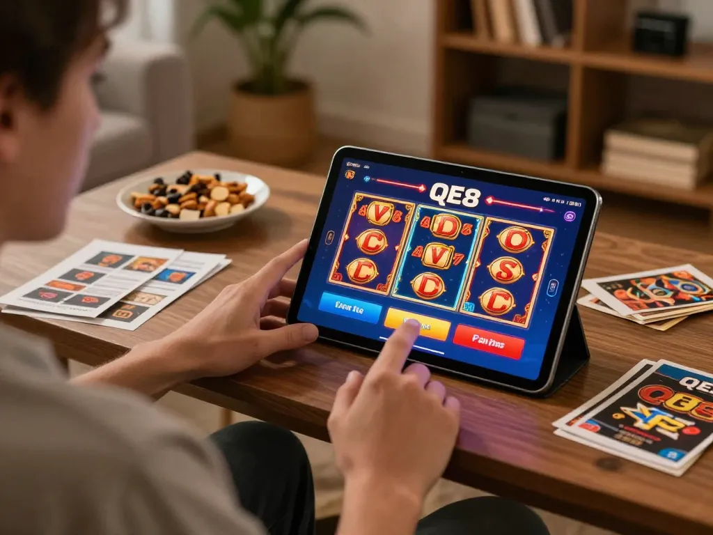 Player exploring the QE8 casino app with vibrant slots on a tablet during a cozy home gaming session.