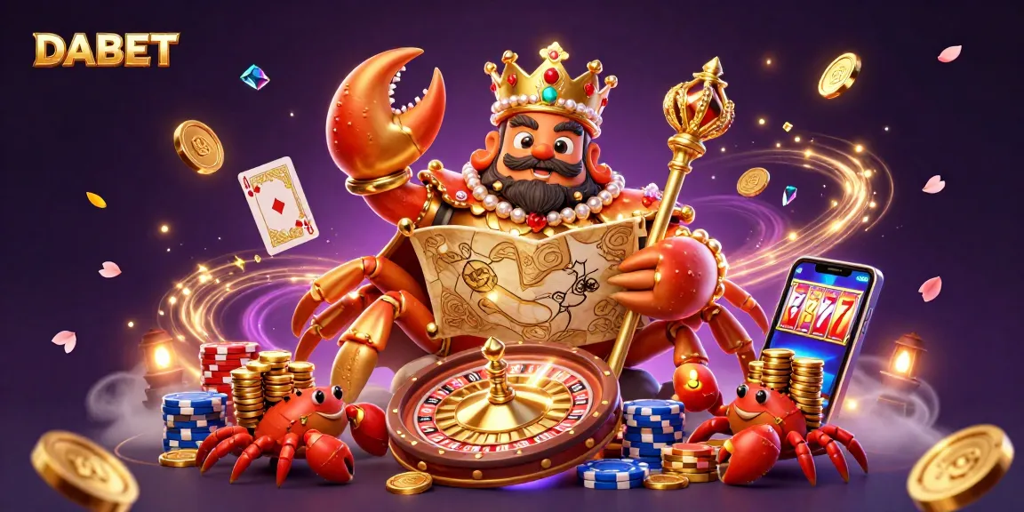 DABET showcases a grand casino scene with a golden crab emperor amid vibrant gaming elements including roulette and poker.