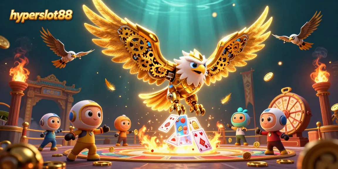 Experience real-time lottery thrills with hyperslot88's vibrant 3D cybernetic eagle diving through holographic cards.