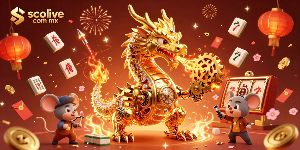 Socolive com mx showcases a vibrant casino scene featuring a biomechanical dragon and colorful elements of luck.