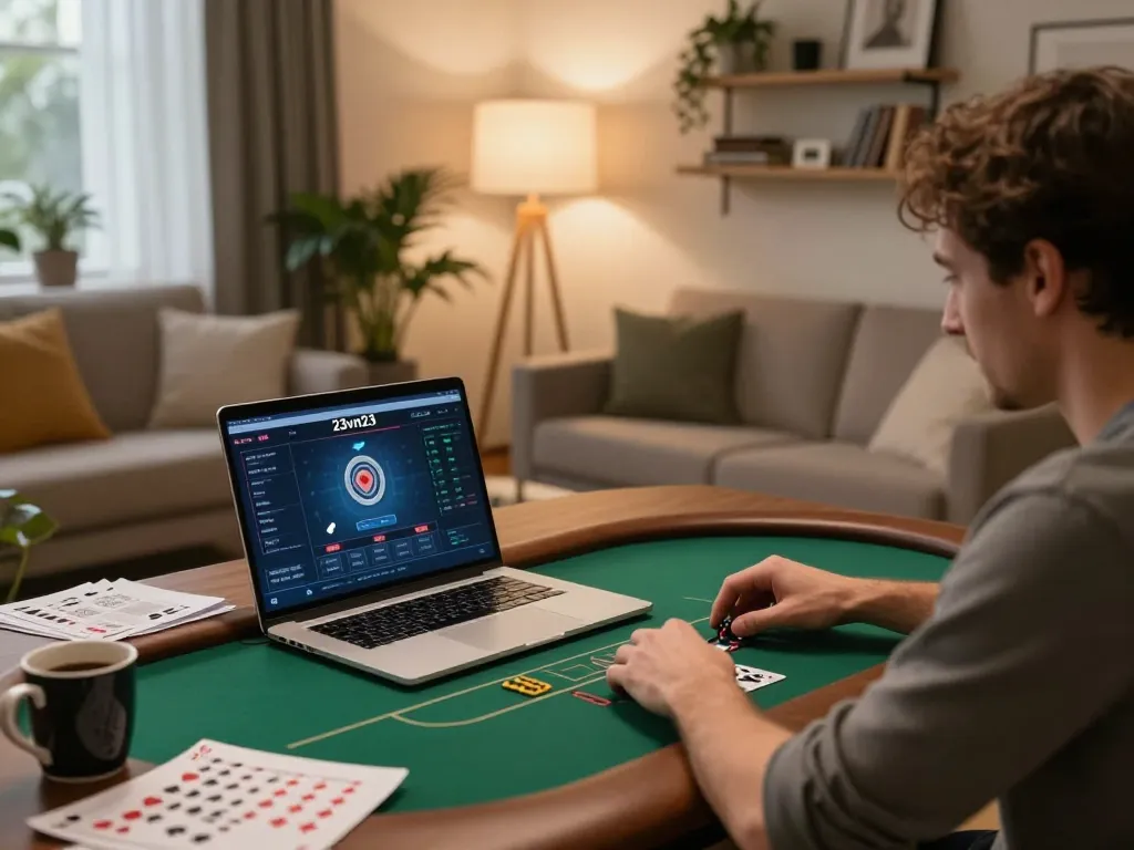 Engaging home gaming scene with 23vn23 poker interface on laptop, showcasing strategic gameplay.