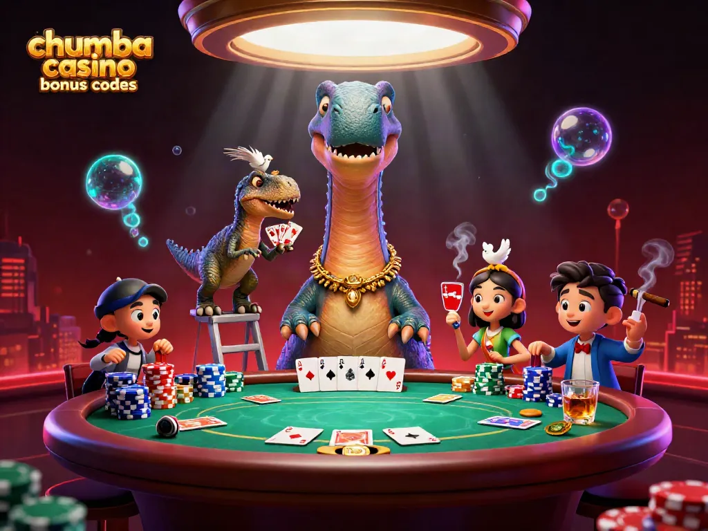 Chumba casino bonus codes illustrated with a vibrant scene of a casino dynamic poker setting featuring a brontosaurus