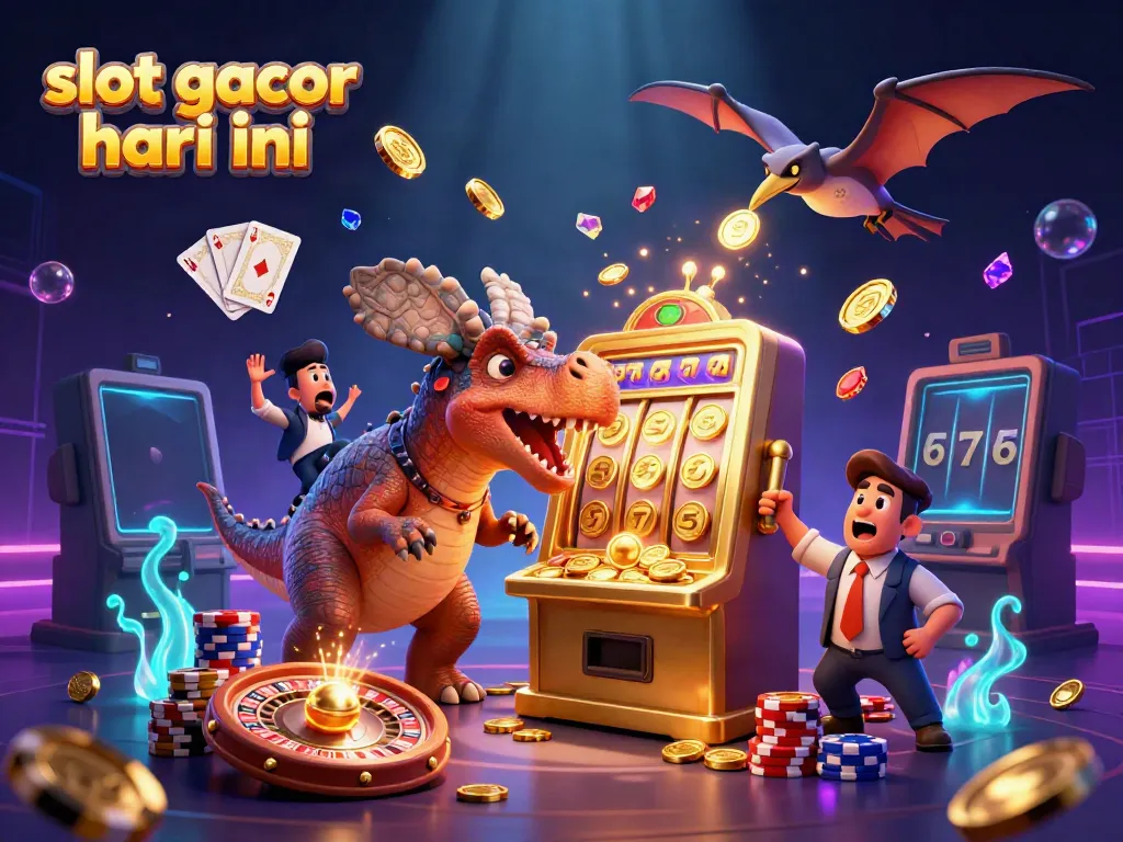 Visualisasi penuh aksi slot gacor hari ini dengan dino dan mesin slot berkilauan yang menghadiahi koin jackpot.