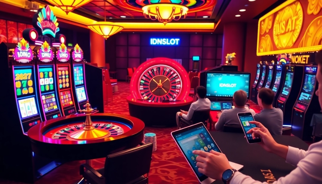 IDNSLOT players enjoying jackpots at a vibrant casino scene with slot machines and poker chips.