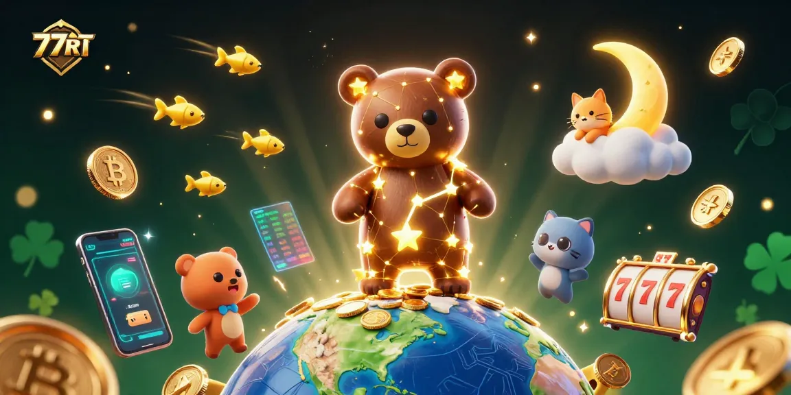 Engage with 77RT in an adventurous gaming scene featuring golden constellations and dynamic casino elements.