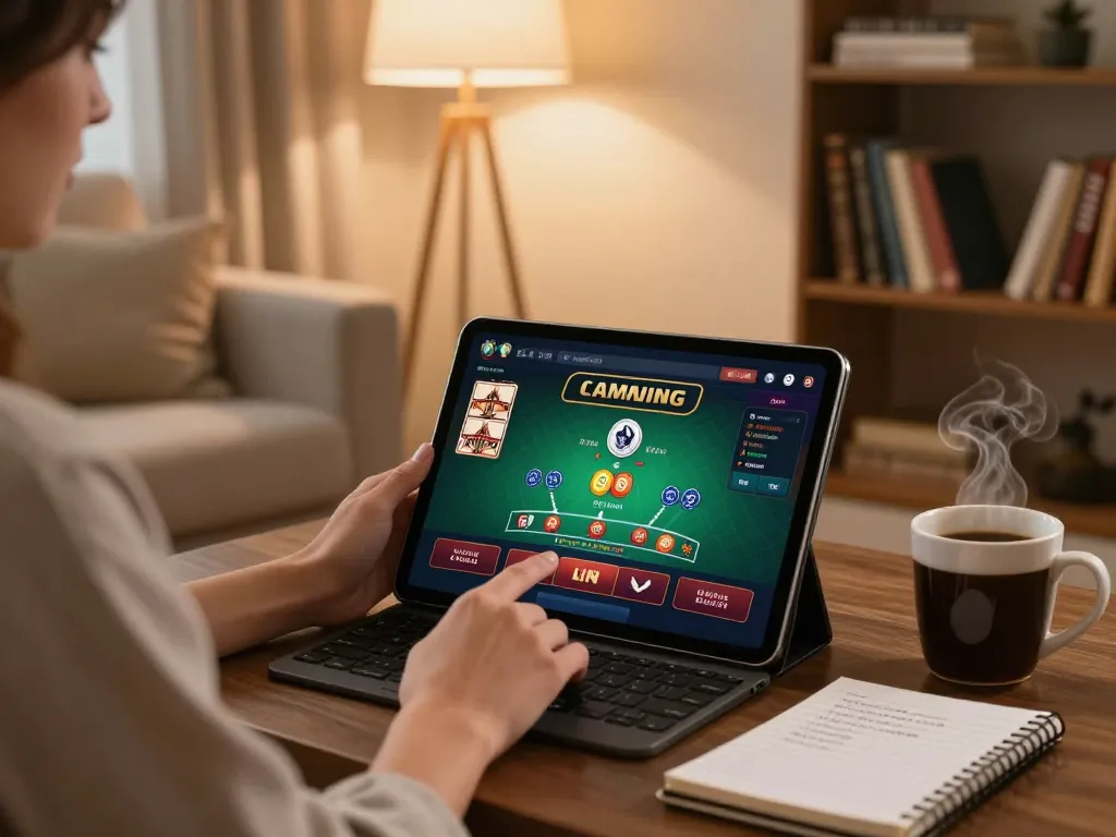Player enjoying mobile casino games on a tablet at home, showcasing go8 gaming strategies in a cozy setting.
