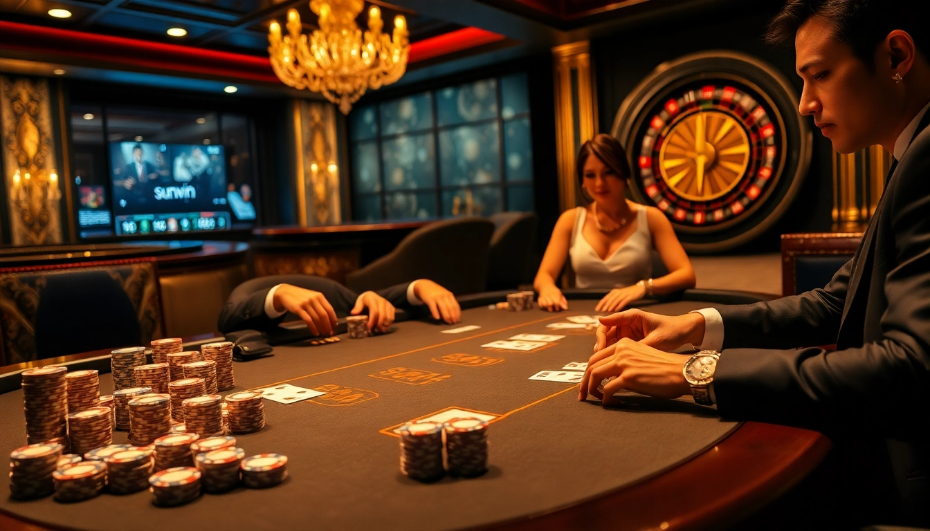 Players engaging in a high-stakes poker game at a sunwin casino table, showcasing excitement and strategy.