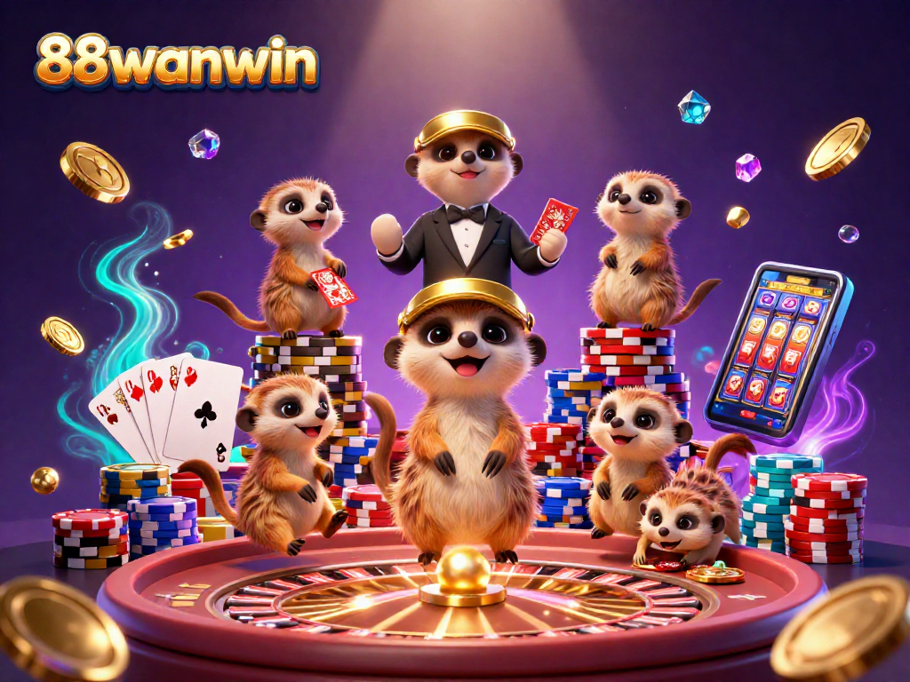 Experience the lively 88wanwin casino with meerkats running games, winning gems, and a vibrant atmosphere.
