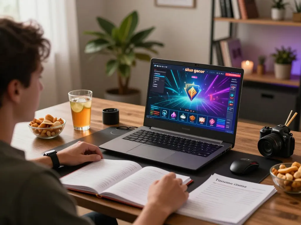 Engaging scene of a participant enjoying situs gacor online gaming in a cozy home office with strategic notes