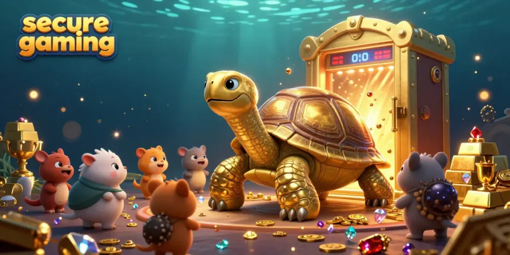 Experience secure casino gaming with vibrant characters and treasures in a dynamic 3D illustration.