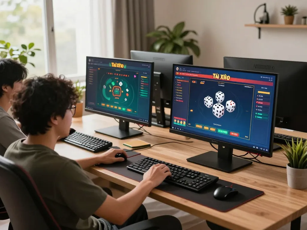 Tài xỉu online uy tín gaming setup with multiple screens, displaying exciting gameplay and betting options.