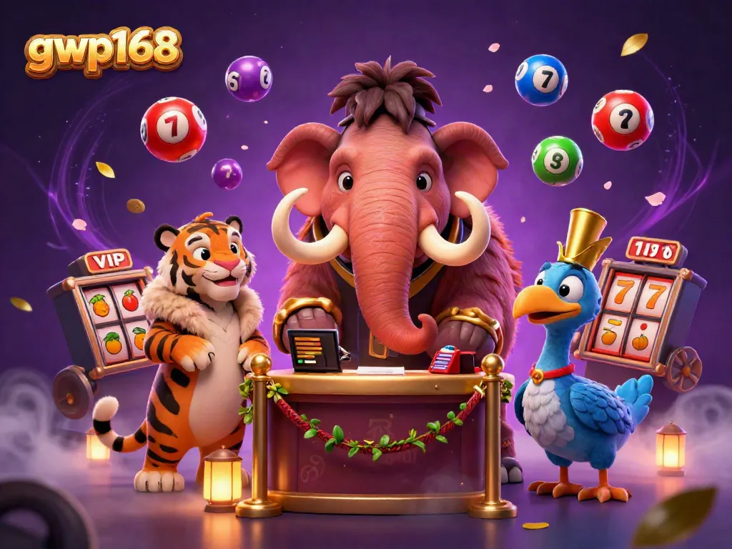 Slot gacor dan jackpot dinamis pada ilustrasi kasino gwp168 dengan bouncer mamut dan tamu VIP.
