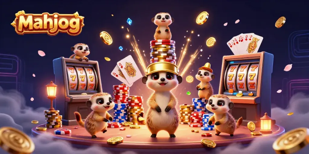 Permainan mahjong yang menarik dengan karakter meerkat di kasino yang cerah dan penuh aksi.