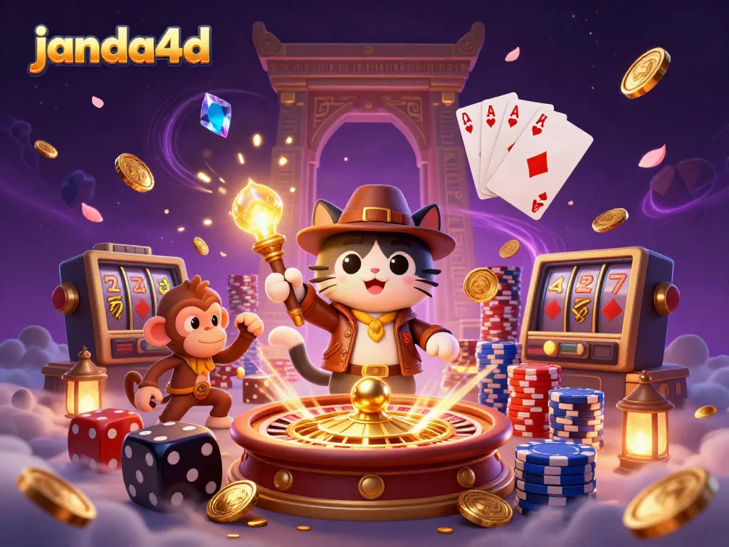 janda4d menemukan artefak kasino emas dalam ilustrasi 3D, dikelilingi koin dan permata berkilau