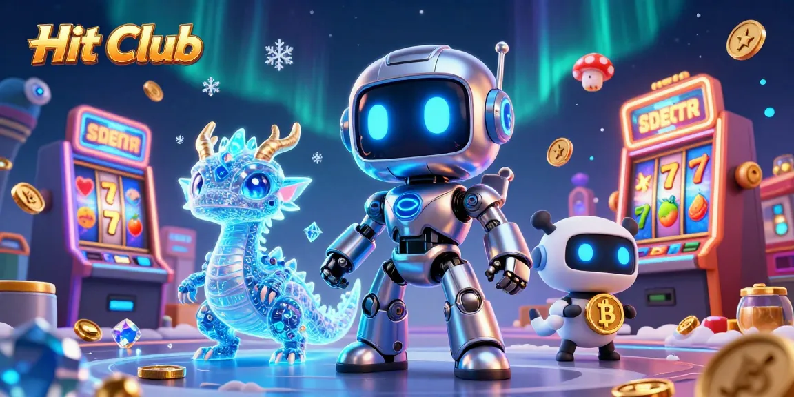 Hit Club captures excitement with a vibrant 3D casino scene featuring slot machines, characters, and dynamic game elements.