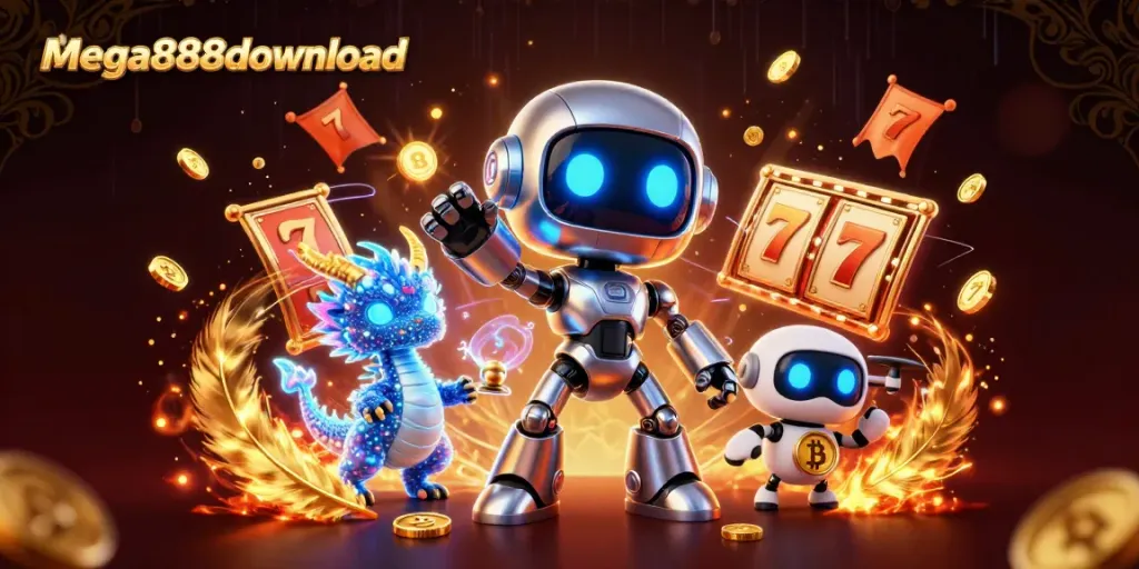 Win big with mega888download: 3D robot mascot joins the casino adventure.
