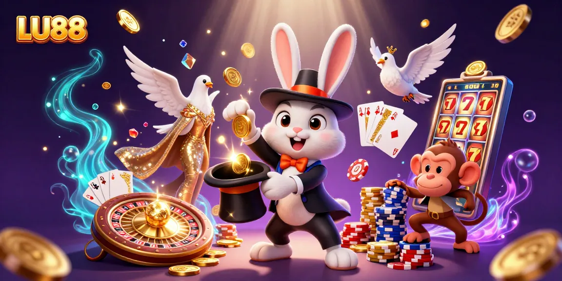 LU88 magician rabbit pulling coins, monkey stealing chips, vibrant casino scene