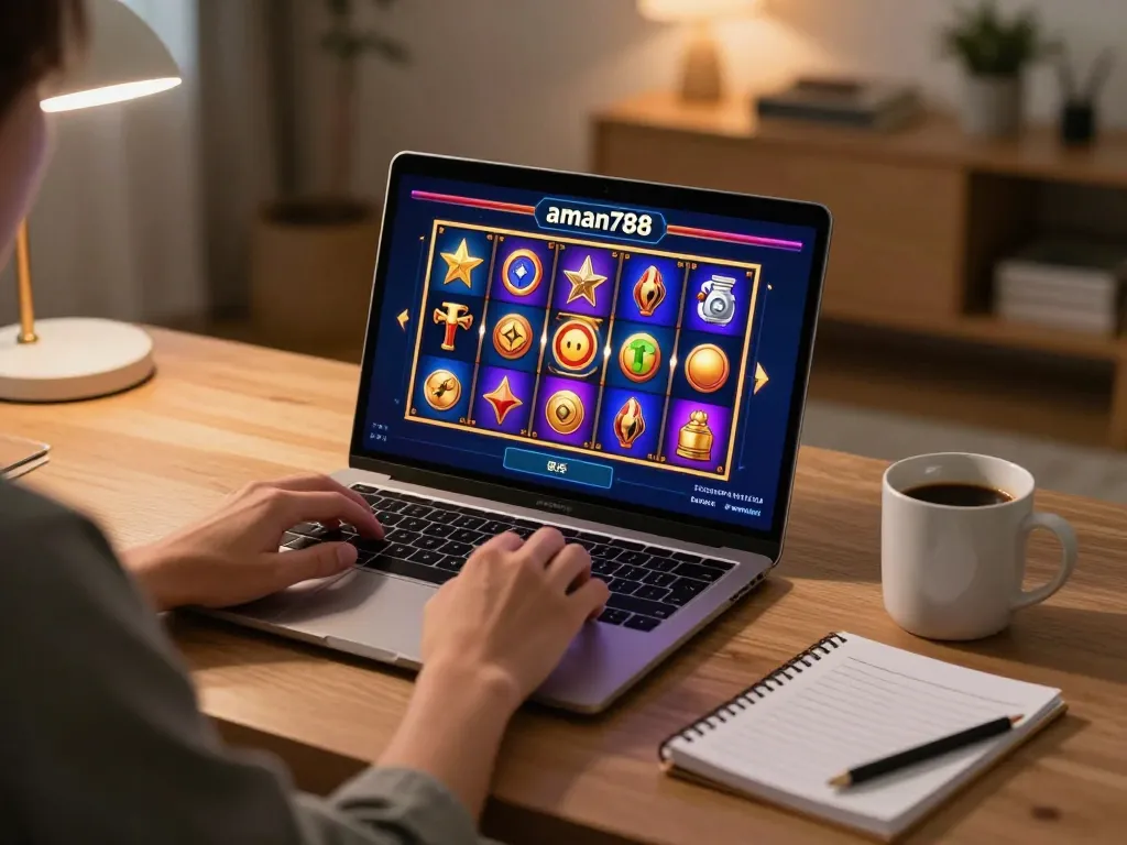 Memainkan aman788 slot online di kantor rumah yang nyaman, menampilkan pengaturan permainan yang menarik.