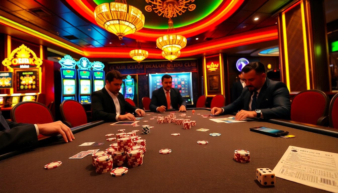 Exciting poker game at b52club casino table with vibrant chips and illuminated backdrop.