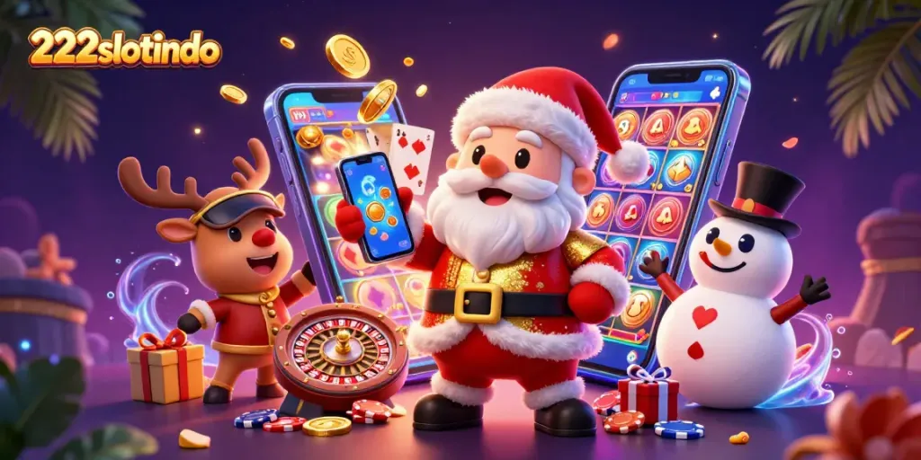 Menangkan pengalaman bermain di 222slotindo dengan simbol slot mengelilingi Santa dan teman-temannya.