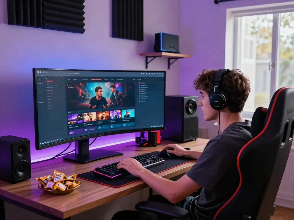 User engaged in a thrilling online gaming session on akunjp, with vibrant ambient gaming setup and focused expression.