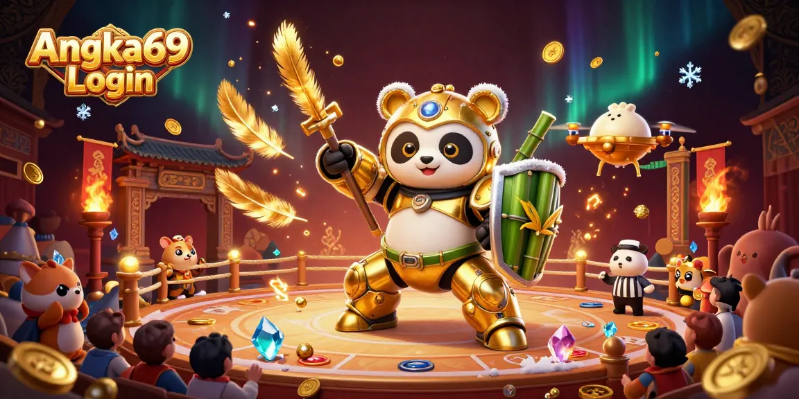 Experience the thrill of Angka69 Login in a dynamic casino arena with captivating characters and game elements.